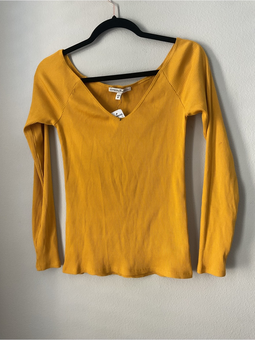 Express Ribbed V-Neck Long Sleeve off shoulder Yellow